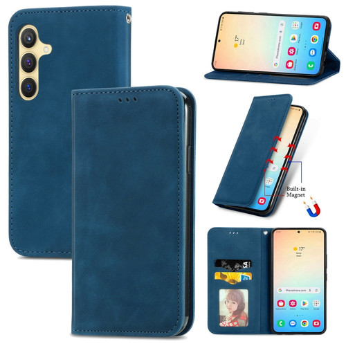 Samsung Galaxy S24 5G Retro Skin Feel Magnetic Leather Phone Case - Blue