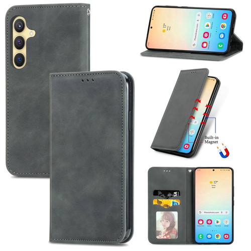 Samsung Galaxy S24 5G Retro Skin Feel Magnetic Leather Phone Case - Gray