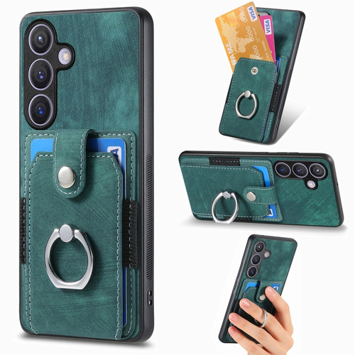 Samsung Galaxy S24 5G Retro Skin-feel Ring Card Wallet Phone Case - Green