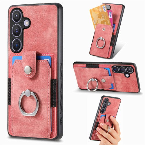 Samsung Galaxy S24 5G Retro Skin-feel Ring Card Wallet Phone Case - Pink