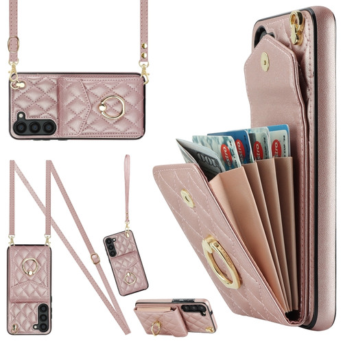 Samsung Galaxy S24 5G Rhombic Texture Card Bag Phone Case with Long Lanyard - Rose Gold