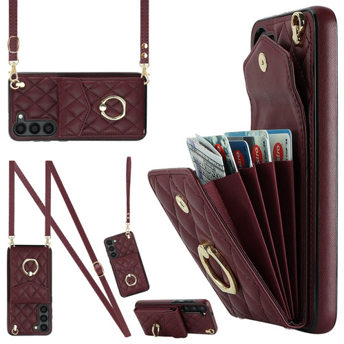 Samsung Galaxy S24 5G Rhombic Texture Card Bag Phone Case with Long Lanyard - Wine Red