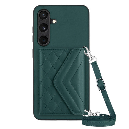 Samsung Galaxy S24 5G Rhombic Texture Card Bag RFID Phone Case with Long Lanyard - Green