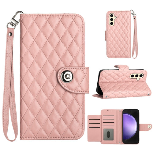 Samsung Galaxy S24 5G Rhombic Texture Flip Leather Phone Case with Lanyard - Coral Pink