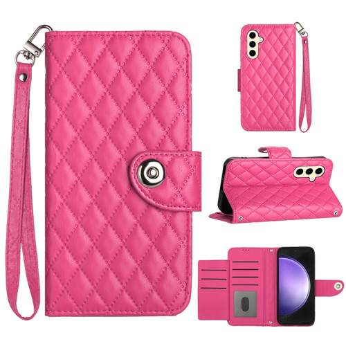 Samsung Galaxy S24 5G Rhombic Texture Flip Leather Phone Case with Lanyard - Rose Red