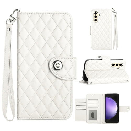 Samsung Galaxy S24 5G Rhombic Texture Flip Leather Phone Case with Lanyard - White