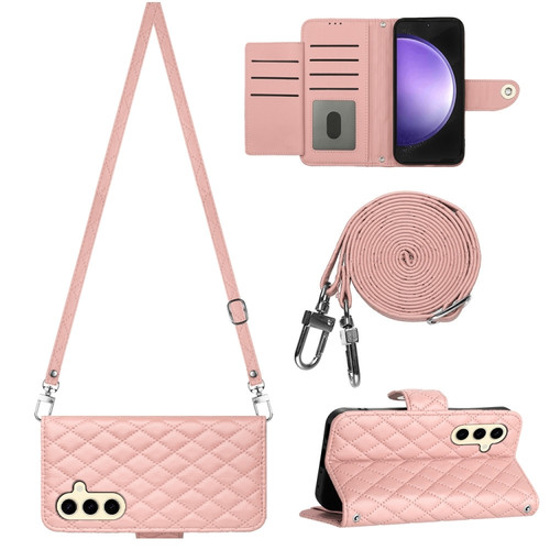 Samsung Galaxy S24 5G Rhombic Texture Flip Leather Phone Case with Long Lanyard - Coral Pink