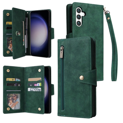 Samsung Galaxy S24 5G Rivet Buckle 9 Cards 3-Fold Wallet Leather Phone Case - Green