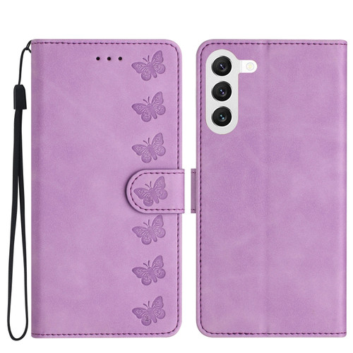 Samsung Galaxy S24 5G Seven Butterflies Embossed Leather Phone Case - Purple