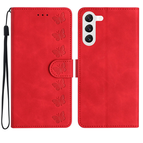 Samsung Galaxy S24 5G Seven Butterflies Embossed Leather Phone Case - Red