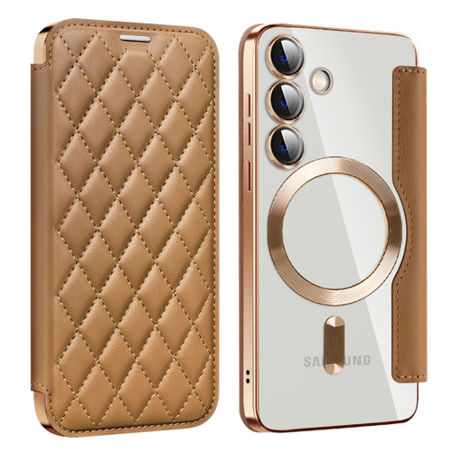 Samsung Galaxy S24 5G Shield Magsafe RFID Anti-theft Rhombus Leather Phone Case - Brown