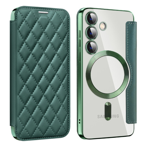 Samsung Galaxy S24 5G Shield Magsafe RFID Anti-theft Rhombus Leather Phone Case - Green