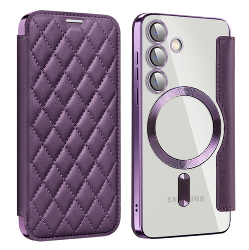 Samsung Galaxy S24 5G Shield Magsafe RFID Anti-theft Rhombus Leather Phone Case - Purple