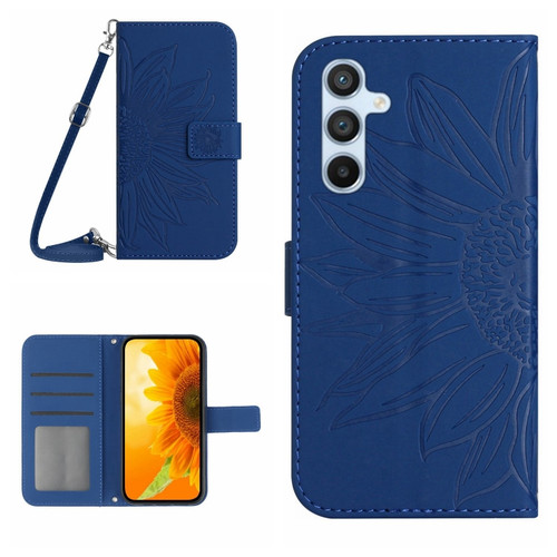 Samsung Galaxy S24 5G Skin Feel Sun Flower Embossed Flip Leather Phone Case with Lanyard - Dark Blue