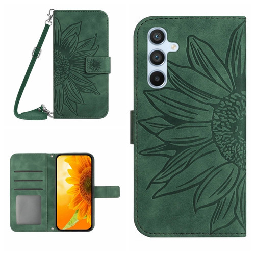 Samsung Galaxy S24 5G Skin Feel Sun Flower Embossed Flip Leather Phone Case with Lanyard - Green