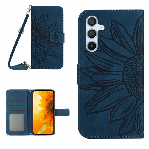 Samsung Galaxy S24 5G Skin Feel Sun Flower Embossed Flip Leather Phone Case with Lanyard - Inky Blue