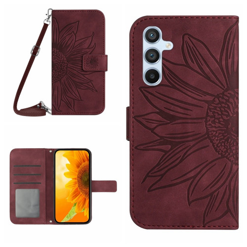 Samsung Galaxy S24 5G Skin Feel Sun Flower Embossed Flip Leather Phone Case with Lanyard - Wine Red