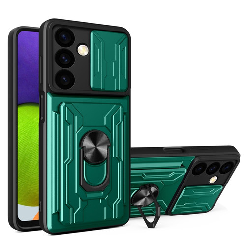 Samsung Galaxy S24 5G Sliding Camshield TPU+PC Phone Case with Card Slot - Dark Green