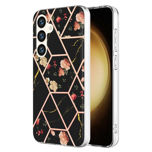 Samsung Galaxy S24 5G Splicing Marble Flower IMD TPU Phone Case - Black Flower