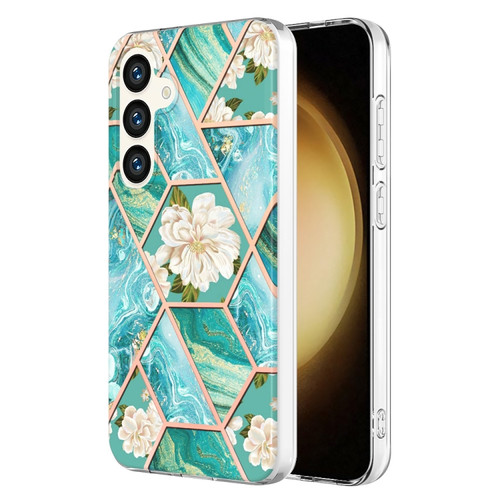 Samsung Galaxy S24 5G Splicing Marble Flower IMD TPU Phone Case - Blue Flower