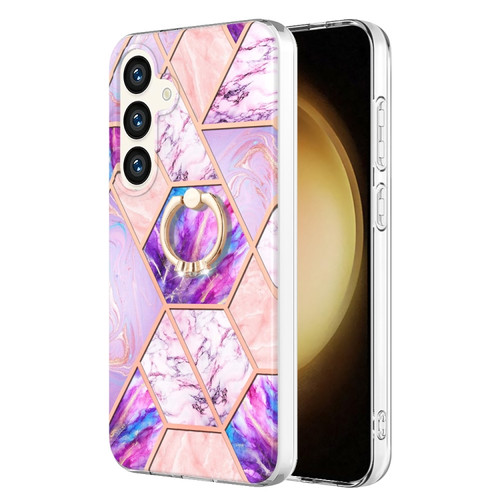 Samsung Galaxy S24 5G Splicing Marble Flower IMD TPU Phone Case Ring Holder - Light Purple