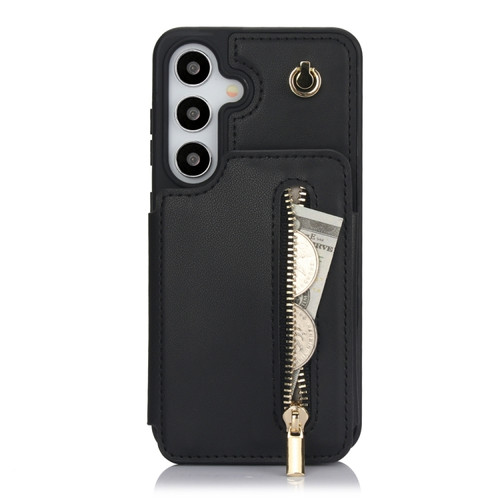 Samsung Galaxy S24 5G YM006 Skin Feel Zipper Card Bag Phone Case with Dual Lanyard - Black