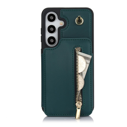 Samsung Galaxy S24 5G YM006 Skin Feel Zipper Card Bag Phone Case with Dual Lanyard - Green