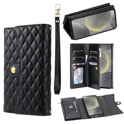 Samsung Galaxy S24 5G Zipper Multi-Card Wallet Rhombic Leather Phone Case - Black