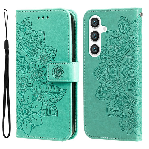 Samsung Galaxy S24 7-petal Flowers Embossing Leather Phone Case - Green