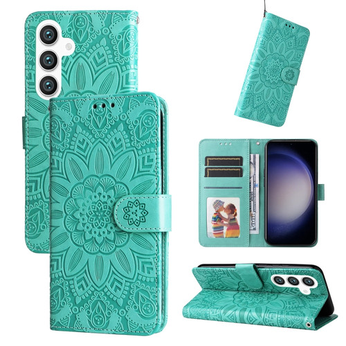 Samsung Galaxy S24 Embossed Sunflower Leather Phone Case - Green