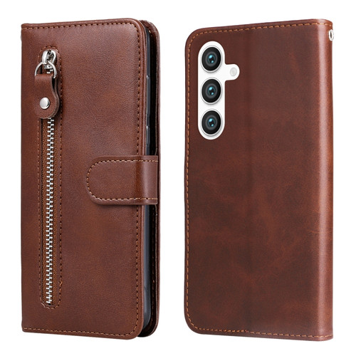 Samsung Galaxy S24 Fashion Calf Texture Zipper Leather Phone Case - Brown