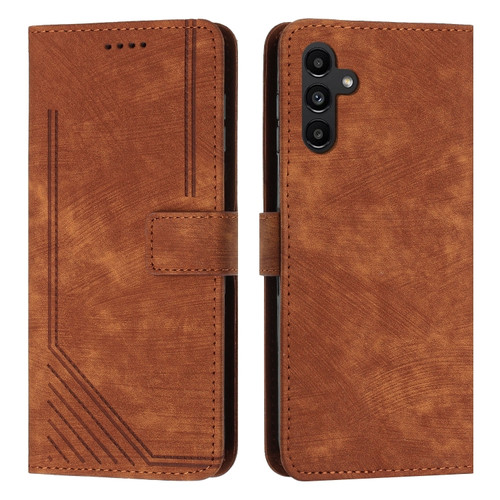 Samsung Galaxy S24 Skin Feel Stripe Pattern Leather Phone Case with Long Lanyard - Brown