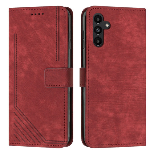 Samsung Galaxy S24 Skin Feel Stripe Pattern Leather Phone Case with Long Lanyard - Red