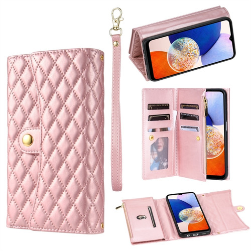 Samsung Galaxy A14 4G / 5G Zipper Multi-Card Wallet Rhombic Leather Phone Case - Rose Gold