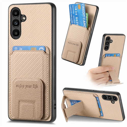 Samsung Galaxy A14 4G/5G Carbon Fiber Card Bag Fold Stand Phone Case - Khaki