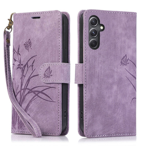 Samsung Galaxy A14 4G/5G Orchid Butterfly Embossed Leather Phone Case - Purple