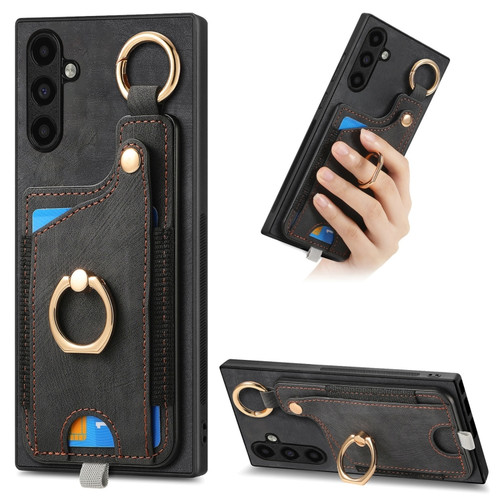 Samsung Galaxy A14 4G/5G Retro Skin-feel Ring Card Bag Phone Case with Hang Loop - Black