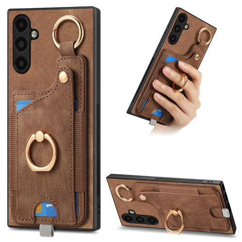 Samsung Galaxy A14 4G/5G Retro Skin-feel Ring Card Bag Phone Case with Hang Loop - Brown