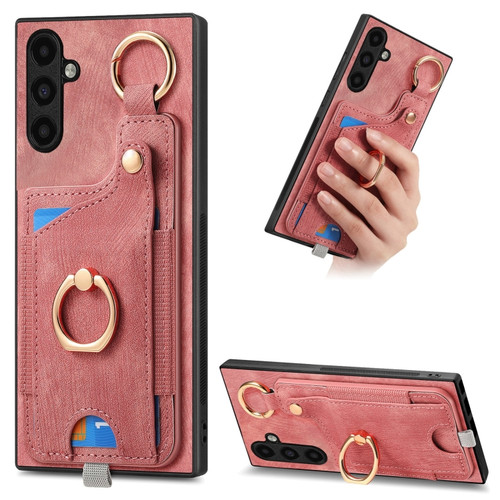 Samsung Galaxy A14 4G/5G Retro Skin-feel Ring Card Bag Phone Case with Hang Loop - Pink