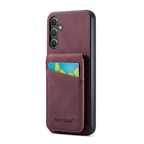 Samsung Galaxy A14 5G Fierre Shann Crazy Horse Card Holder Back Cover PU Phone Case - Wine Red