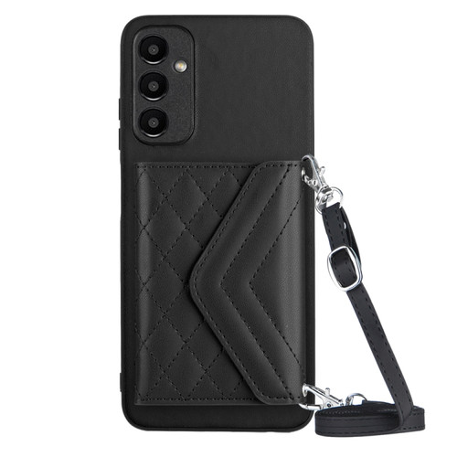 Samsung Galaxy A14 5G Rhombic Texture Card Bag RFID Phone Case with Long Lanyard - Black