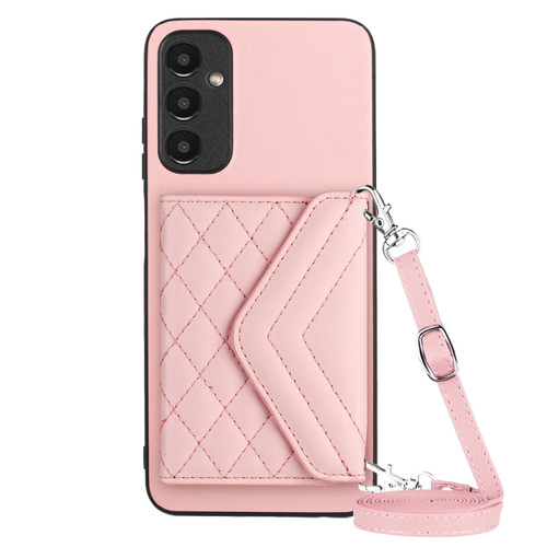 Samsung Galaxy A14 5G Rhombic Texture Card Bag RFID Phone Case with Long Lanyard - Rose Gold