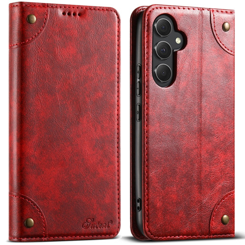 Samsung Galaxy A14 5G Suteni Baroque Calf Texture Buckle Wallet Leather Phone Case - Red