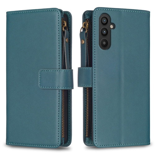 Samsung Galaxy A25 5G 9 Card Slots Zipper Wallet Leather Flip Phone Case - Green