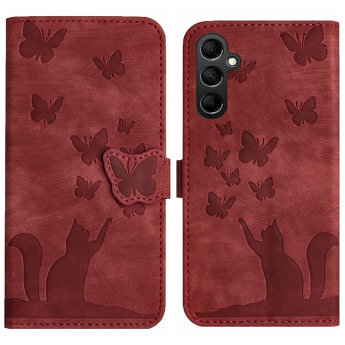 Samsung Galaxy A25 5G Butterfly Cat Embossing Flip Leather Phone Case - Red