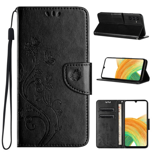 Samsung Galaxy A25 5G Butterfly Flower Pattern Flip Leather Phone Case - Black