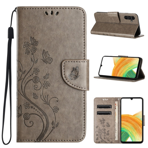 Samsung Galaxy A25 5G Butterfly Flower Pattern Flip Leather Phone Case - Grey