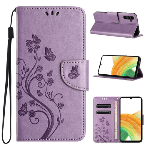 Samsung Galaxy A25 5G Butterfly Flower Pattern Flip Leather Phone Case - Light Purple