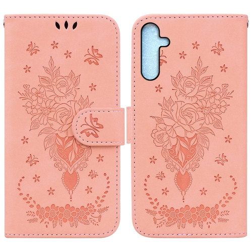 Samsung Galaxy A25 5G Butterfly Rose Embossed Leather Phone Case - Pink