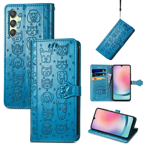 Samsung Galaxy A25 5G Cat and Dog Embossed Leather Phone Case - Blue